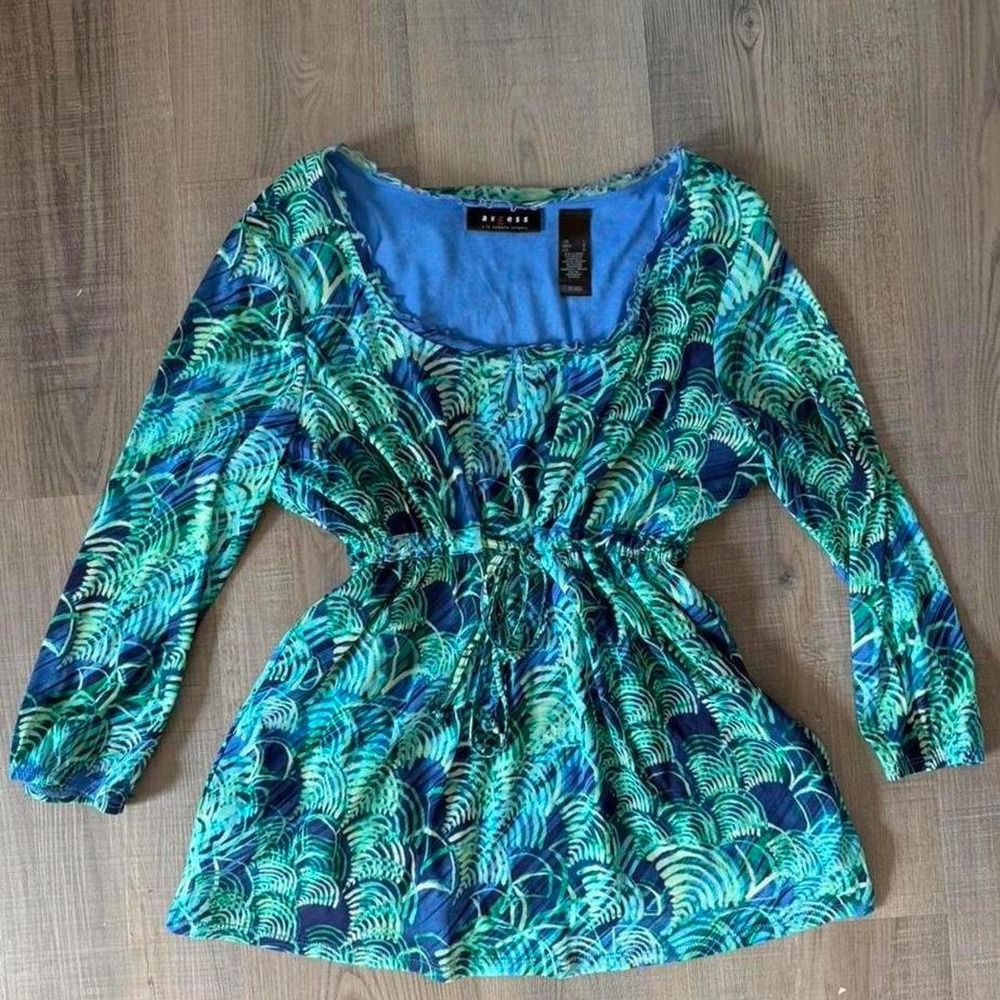 Axcess Liz Claiborne Y2K Teal Blue Babydoll Keyhole Patterned Top Large